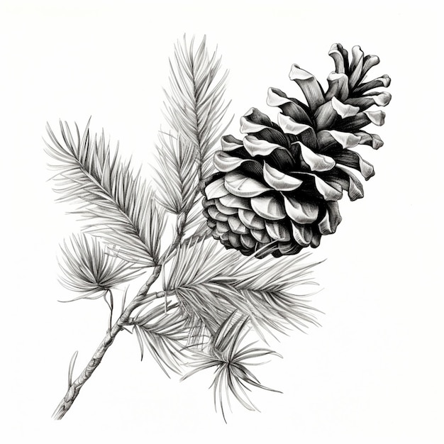 Foto un dibujo de un cono de pino en una rama con agujas generativas ai
