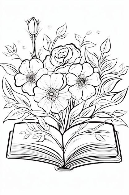 Foto dibujo de contorno libro abierto de flores líneas negras fondo blanco diseño limpio y simple color