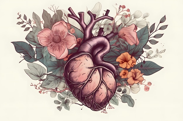 Un dibujo de un corazón con flores y hojas.