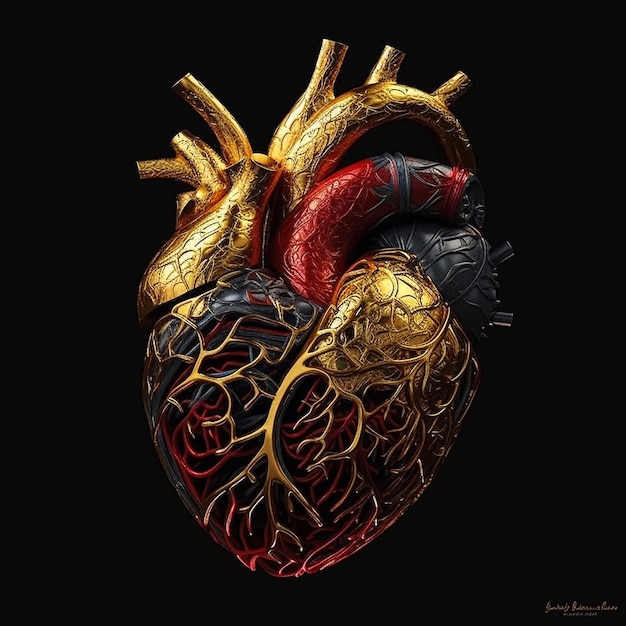 Un dibujo de un corazón humano con oro y rojo.