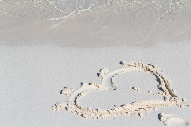 Dibujo de corazón en la playa con onda.