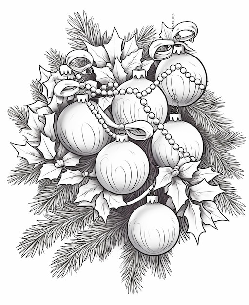 un dibujo de una corona de Navidad con adornos y hojas de acebo generativo ai