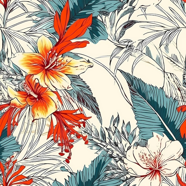 Dibujo sin costuras de hojas de palma hojas y flores tropicales en un patrón de impresión tropical de estilo moderno sobre un fondo blanco arte diseño botánico colores brillantes Generativo Ai