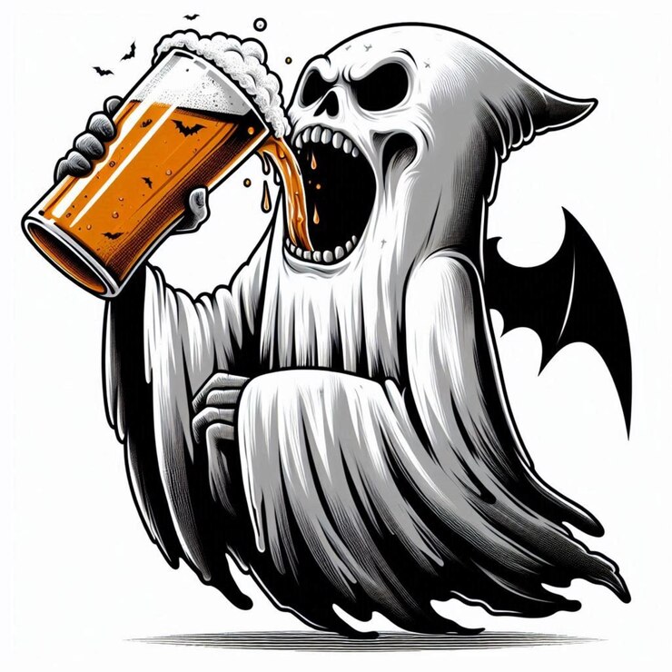 un dibujo de un cráneo bebiendo cerveza de una botella de cerveza