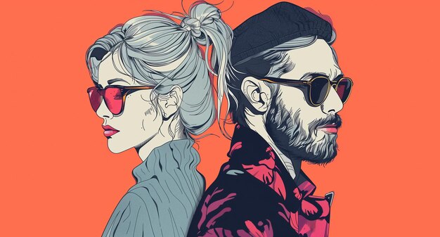 Dibujo creativo de moda de una elegante y hermosa pareja joven de mujer y hombre posando con gafas