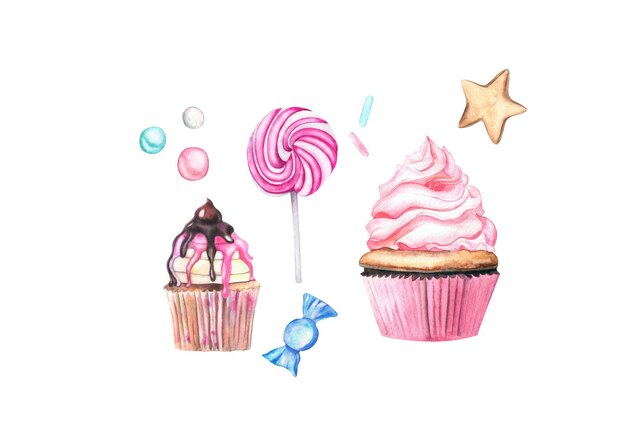 un dibujo de cupcakes con las palabras cupcakes en él ilustración de acuarela en fondo blanco