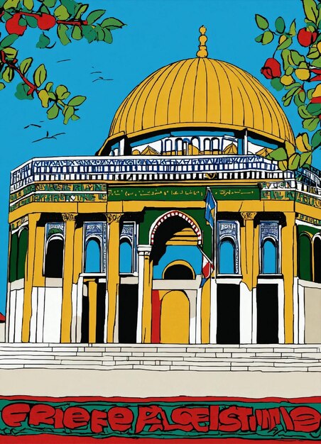 un dibujo de la cúpula de la roca vibrante que dice FREE PALESTINA incluyen las letras exactas FREE