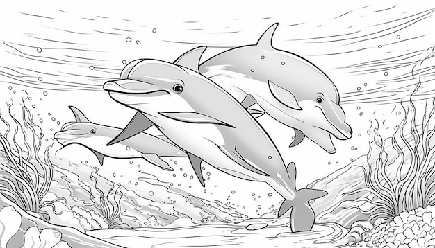 un dibujo de delfines en el agua con una fila de delfines.