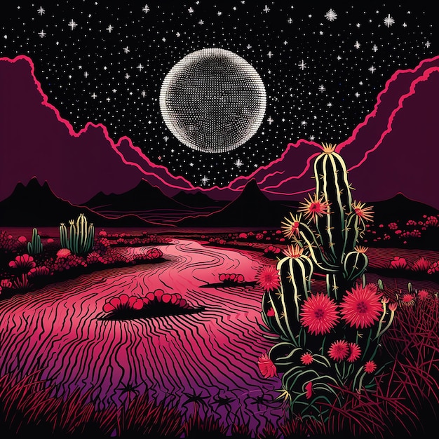 un dibujo de un desierto con una luna y un cactus.