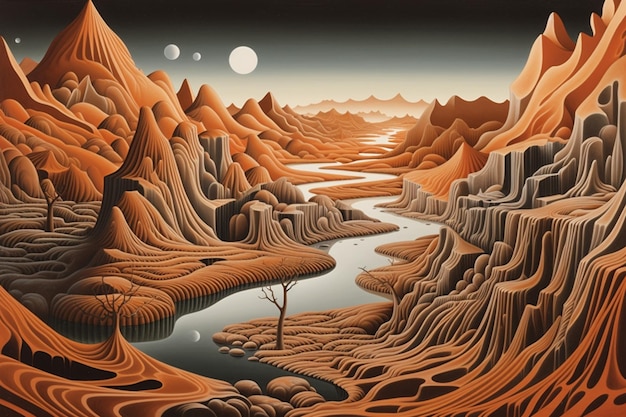 Un dibujo de un desierto con un paisaje desértico y la luna de fondo.