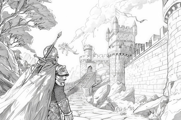 Dibujo detallado en blanco y negro de un valiente caballero con una brillante armadura sosteniendo una espada y un escudo listos para la batalla