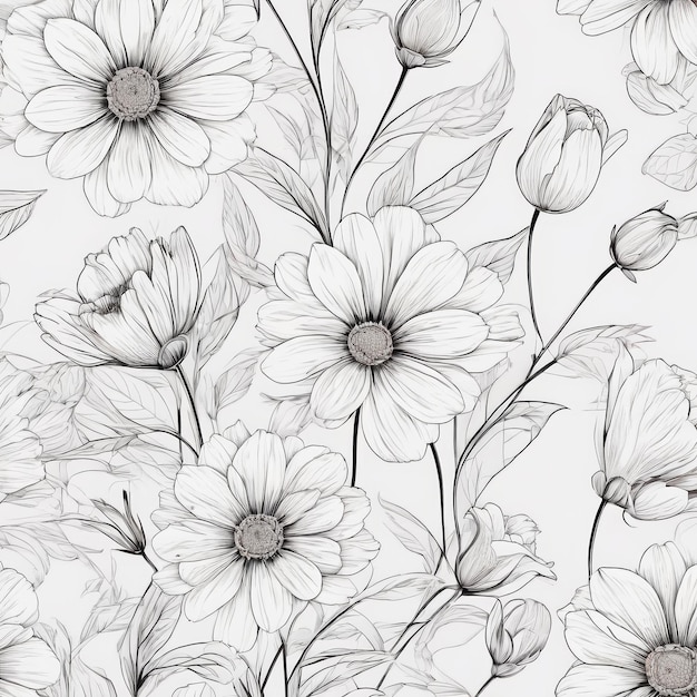 Dibujo detallado de flores en fondo blanco IA generativa