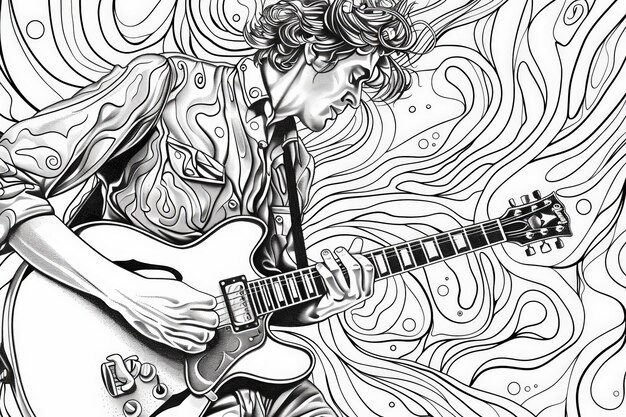 Un dibujo detallado de un hombre tocando apasionadamente una guitarra inmerso en la música que crea
