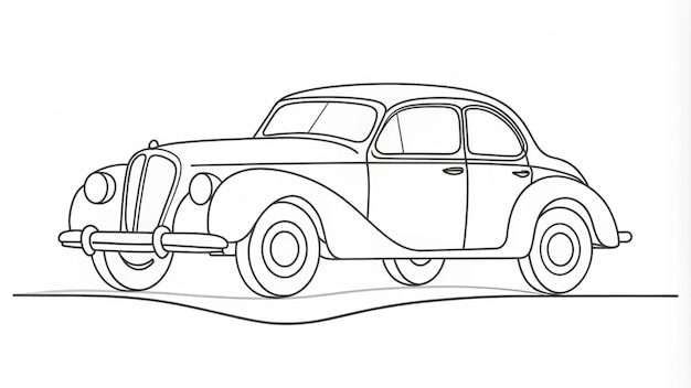 Dibujo detallado de una línea continua de un coche vintage en blanco y negro