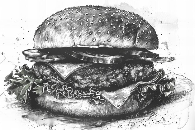 Foto dibujo detallado de la mano de la hamburguesa en la ilustración del estilo de grabado