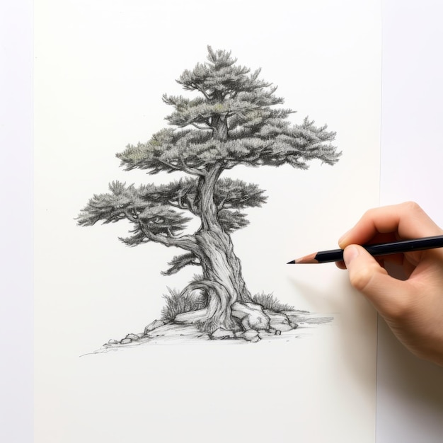 Foto dibujo detallado a mano de un pino, una obra de arte precisa y realista