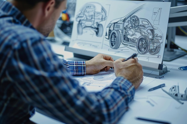 Dibujo detallado de piezas de automóviles por un ingeniero de diseño en la industria automotriz que se centra en una imagen de alta calidad