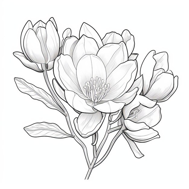 dibujo detallado de ramas de magnolia con flores blancas