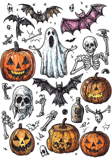 Un dibujo detallado de varios símbolos de Halloween