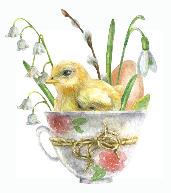 Dibujo para el día de Pascua. Un huevo con una gallina se sienta en una taza con flores.