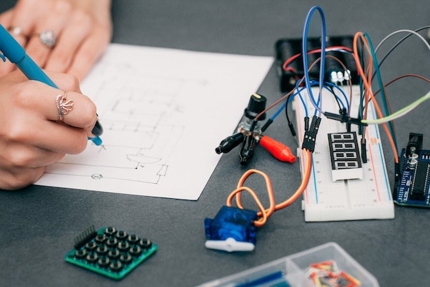 Foto dibujo de diagrama de cableado con placa de pruebas