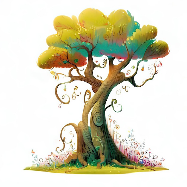 Un dibujo de dibujos animados de un árbol con un patrón floral.