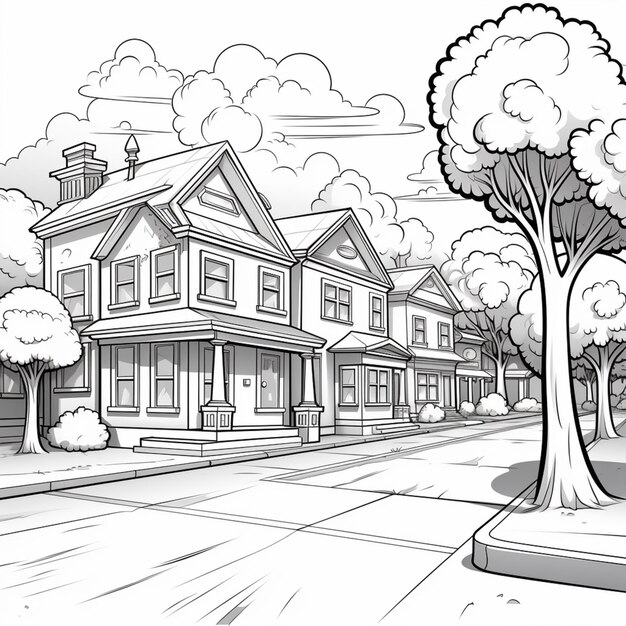 un dibujo de dibujos animados de un barrio suburbano con un árbol y una calle generativa ai