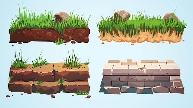un dibujo de dibujos animados de un campo de hierba con diferentes formas y tamaños