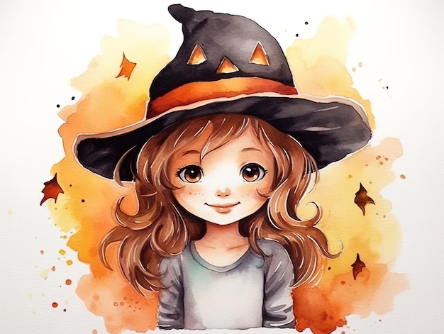 un dibujo de dibujos animados de una chica con un sombrero de bruja y un Sombrero de calabaza