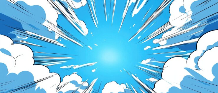 Un dibujo de dibujos animados de un cielo azul con una gran nube blanca en el medio ligero y alegre