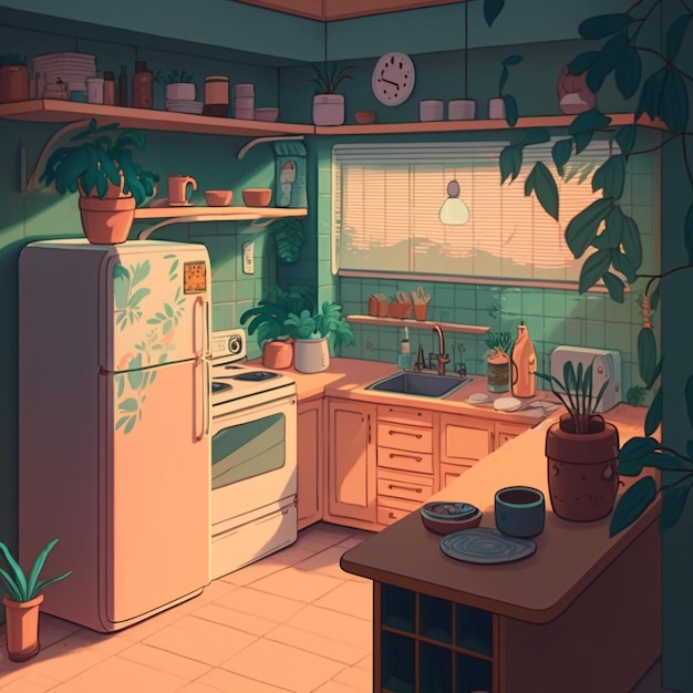 Un dibujo de dibujos animados de una cocina con una planta en el frente