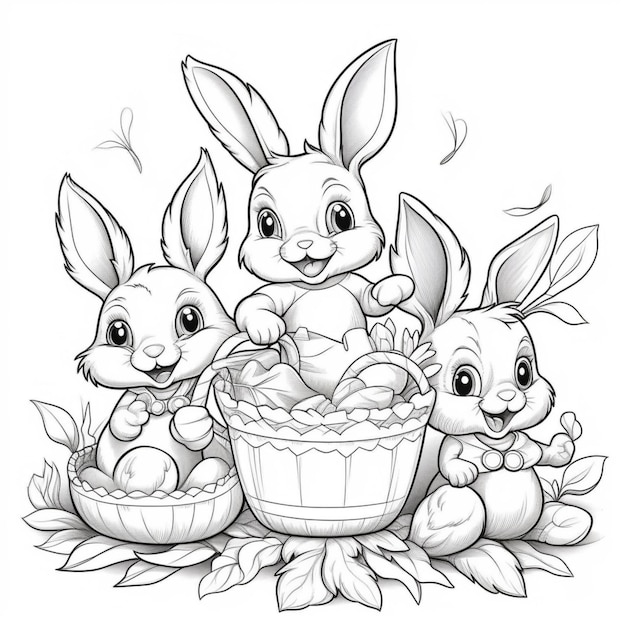 Un dibujo de dibujos animados de conejos con huevos en una canasta.