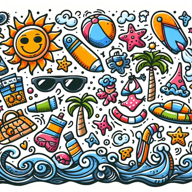 un dibujo de dibujos animados de una escena de sol y playa