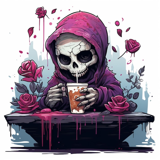 un dibujo de dibujos animados de un esqueleto bebiendo café con rosas a su alrededor