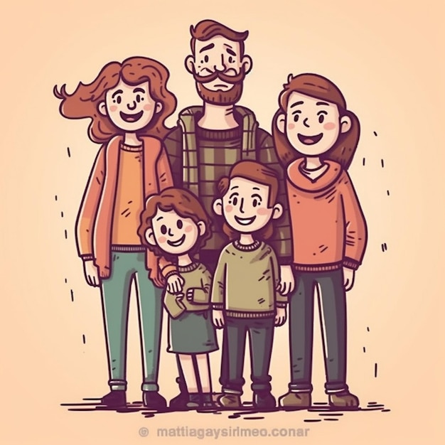 Un dibujo de dibujos animados de una familia con la palabra "en él"