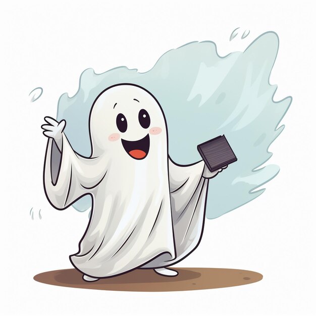 Foto un dibujo de dibujos animados de un fantasma sosteniendo una tableta y una nube de agua.