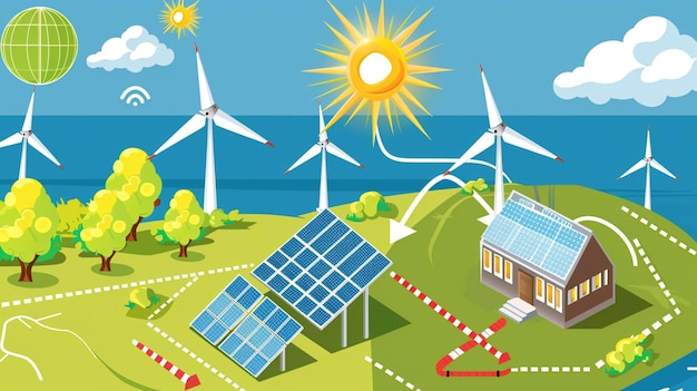 un dibujo de dibujos animados de una granja solar con paneles solares en la parte superior