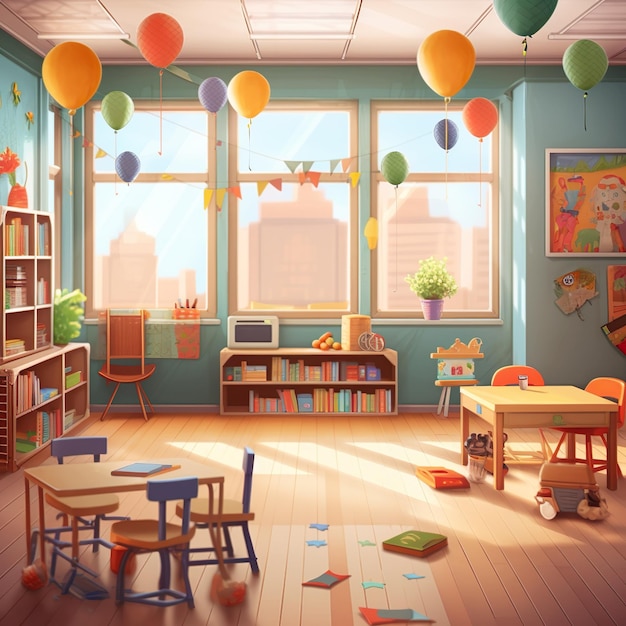 Un dibujo de dibujos animados de una habitación con muchos globos y una librería.