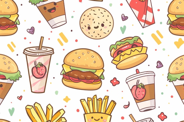 un dibujo de dibujos animados de una hamburguesa y papas fritas con un fondo colorido