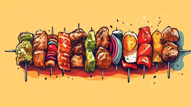 Un dibujo de dibujos animados de kebabs sobre un fondo amarillo