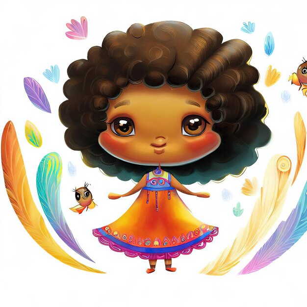 Un dibujo de dibujos animados de una niña con el pelo rizado y una mariposa en la cabeza.