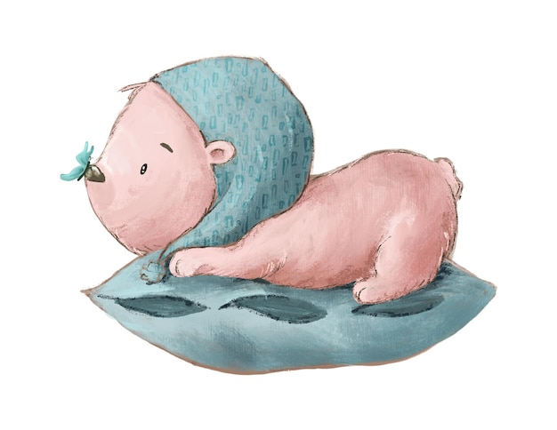 Dibujo de dibujos animados de un oso en un gorro de dormir, buenas noches niño, ilustración para un libro para niños o n