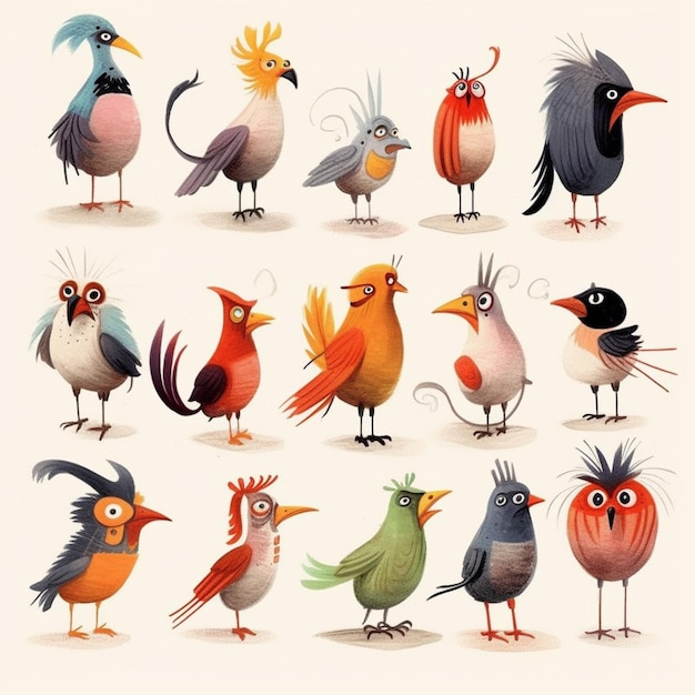 Un dibujo de dibujos animados de pájaros con diferentes colores y las palabras "pájaros" en la parte inferior.