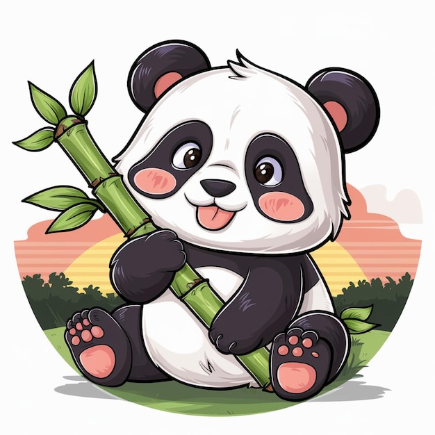 Foto un dibujo de dibujos animados de un panda sosteniendo un palo de bambú