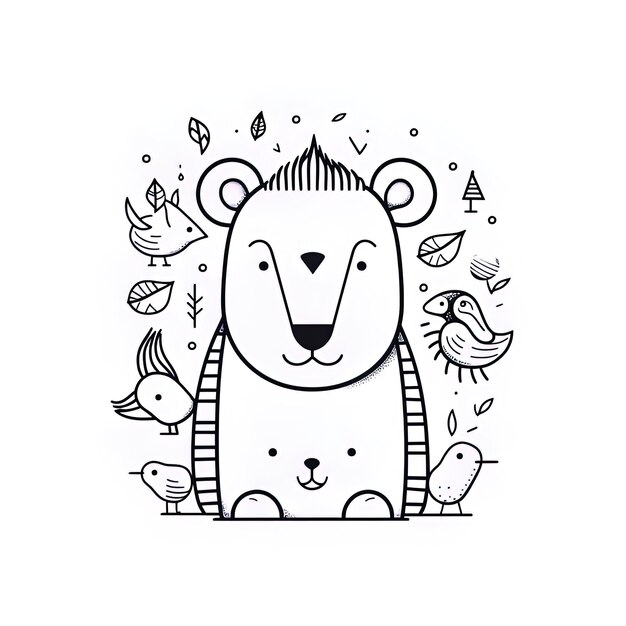 un dibujo de dibujos animados de un pequeño oso lindo con pájaros en el fondo