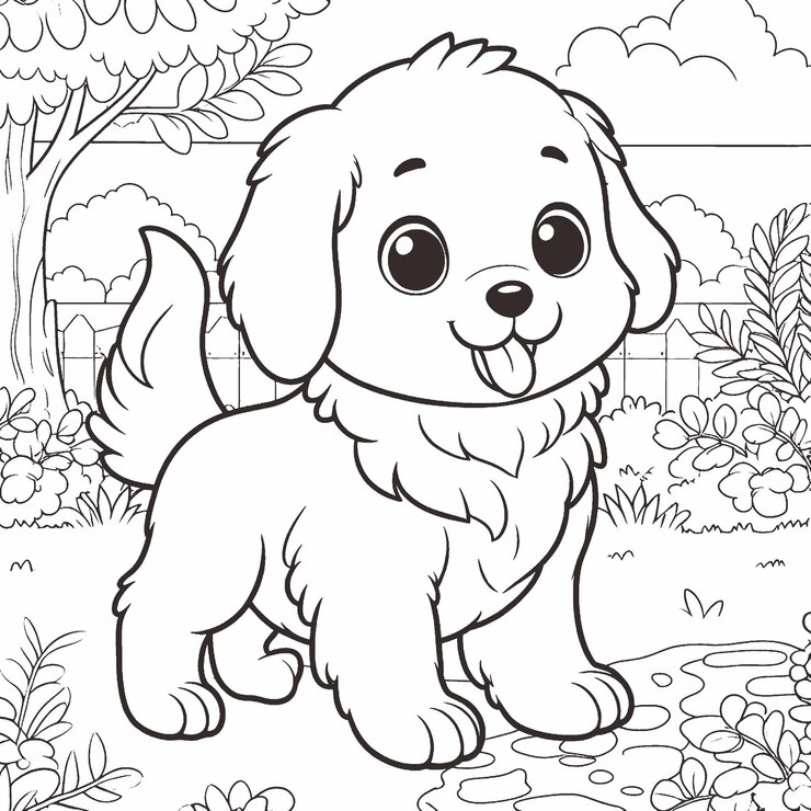 un dibujo de dibujos animados de un perro con una valla en el fondo con cara sonriente para el libro de colorear