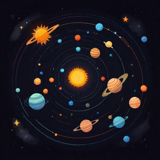 un dibujo de dibujos animados de planetas y planetas con el sol en el medio