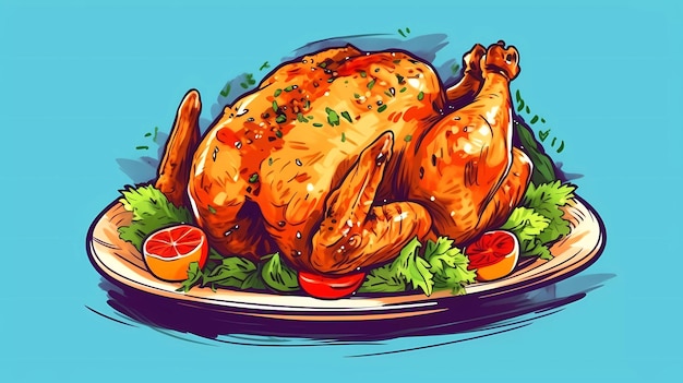 Un dibujo de dibujos animados de un pollo en un plato.