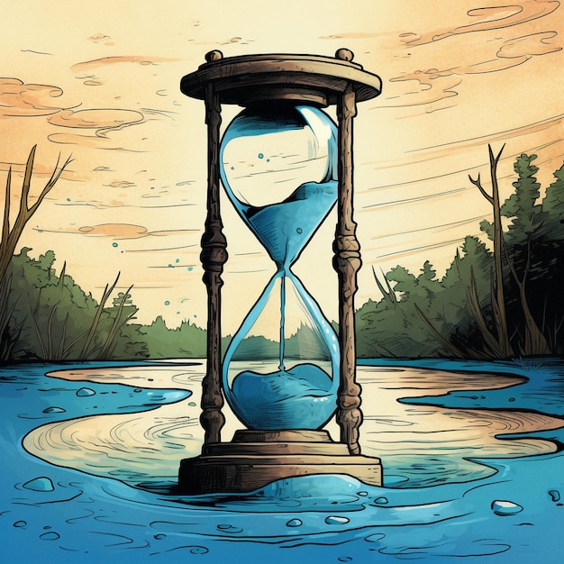 un dibujo de dibujos animados de un reloj de arena del que sale agua.
