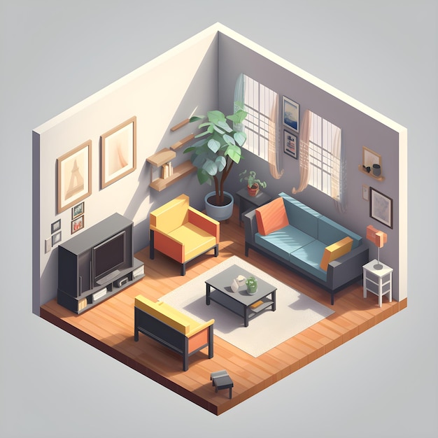 Un dibujo de dibujos animados de una sala de estar con un sofá, un sofá, una mesa de café